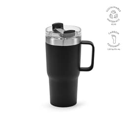 A drink bottle in matte black with a double wall, rotating lid, and a handle. It features a logo.