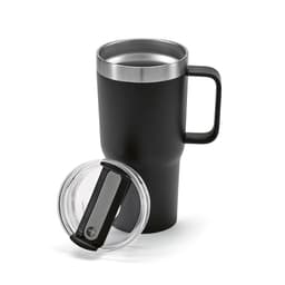 A drink bottle featuring a black double-wall design, a stainless steel rim, and a transparent rotating lid.