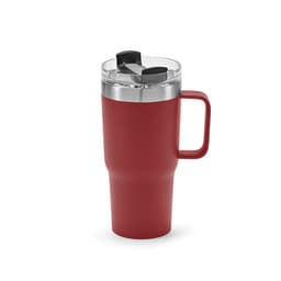 A drink bottle in deep red with a double wall, rotating lid, and a handle for easy carrying. It features a logo.