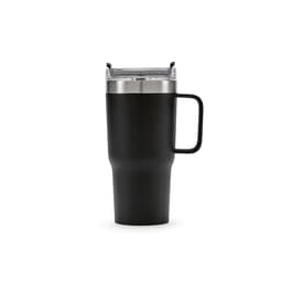 A drink bottle in matte black with a double wall, rotating lid, and a sturdy handle. It features a logo.