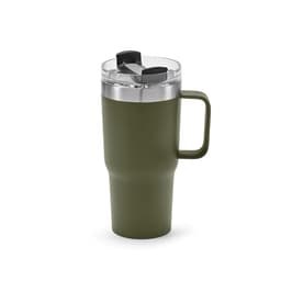 A drink bottle in olive green with a double wall, rotating lid, and a sturdy handle. It features a logo on the side.