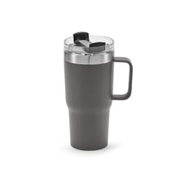 A drink bottle with a dark grey exterior, double wall, rotating lid, and a handle for easy grip.