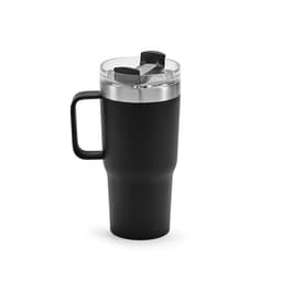 A drink bottle with a double wall, rotating lid, and a matte black finish. It features a handle and a logo.