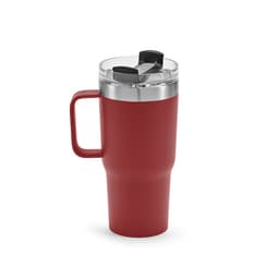 A drink bottle with a red exterior, double wall insulation, and a rotating lid, featuring a handle and a logo.