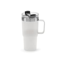A drink bottle in white with a stainless steel lid and a rotating sip opening, featuring a sturdy handle.