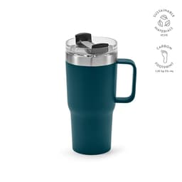 A teal drink mug with a double wall and a rotating lid. It features a sturdy handle and a transparent top.