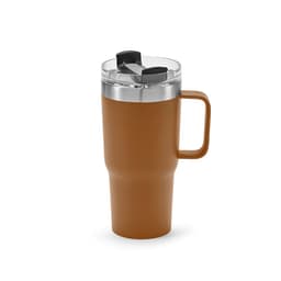 A drink bottle in a warm brown colour with a double wall, rotating lid, and a handle. It has a logo on it.