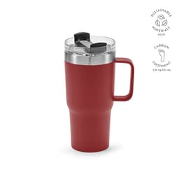 A drink bottle featuring a double wall and rotating lid, in a deep red colour with a handle and a clear cap.
