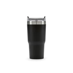 A drink bottle in matte black with a stainless steel top, featuring a double wall and a rotating lid.