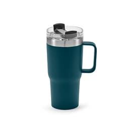 A drink bottle featuring a dark teal exterior, double wall, and a clear rotating lid with a handle.