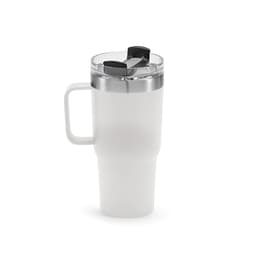 A drink bottle in white with a stainless steel lid and a rotating black lid. It features a handle for easy use.