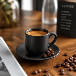 A matte black ceramic espresso mug with a saucer, filled with coffee and accompanied by coffee beans.