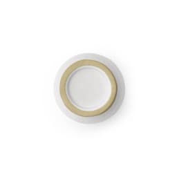 A ceramic plate with a white centre and a beige rim. The plate has a smooth finish and a simple design.