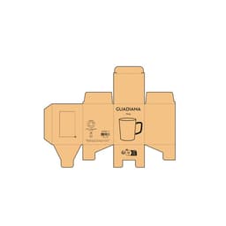 A brown cardboard packaging design for a mug, featuring a simple sketch of a mug and a logo.