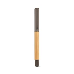 A bamboo pen featuring a sleek black cap and tip, with a natural bamboo body. Includes branding on the side.