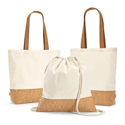 A trio of bags featuring a cream upper with cork lower section and tan straps, including a drawstring design.