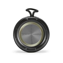 A portable black speaker with a round shape, featuring a metallic centre and a textured outer casing.