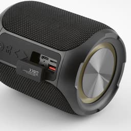 A black portable speaker with a textured surface, gold accents, and various input ports on the side.