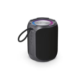 A round black portable speaker with a colour-changing top and a lanyard for easy carrying. It has solid exterior protection.