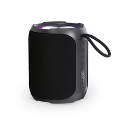 A black portable speaker with a textured surface, featuring a loop for carrying and coloured lighting.