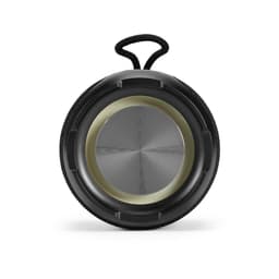A round black speaker with a metallic centre and textured exterior. It features a loop for easy carrying.