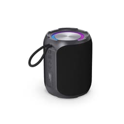 A portable black speaker with a vibrant top light ring, featuring a textured surface and a carrying strap.