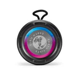 A round black speaker with a colourful LED ring and a logo in the centre. It features a textured outer casing.
