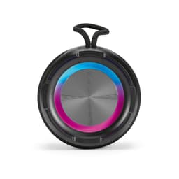 A round black portable speaker with a metallic centre and colourful LED lighting around the edge. It features a carry handle.