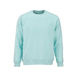 A light blue unisex crew neck sweatshirt made from organic cotton and rPET, featuring a logo.