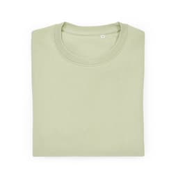 A light green Waikiki unisex crew neck sweatshirt made from organic cotton and rPET, featuring a logo.