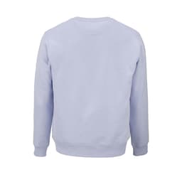 A lilac unisex crew neck sweatshirt made of organic cotton and rPET, featuring a logo on the back.