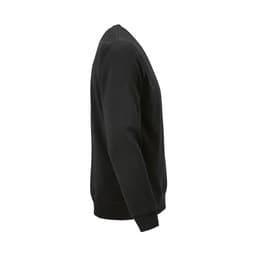 A black unisex crew neck sweatshirt made from organic cotton and rPET, featuring a logo on the front.