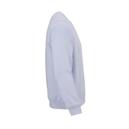 A light blue unisex crew neck sweatshirt made from organic cotton and rPET, featuring a logo.