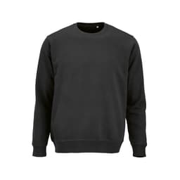 A black unisex crew neck sweatshirt made from organic cotton and rPET, featuring a logo.