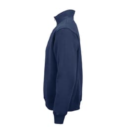 A navy blue 1/4 zip sweatshirt made from organic cotton, rCotton, and rPET, featuring a logo.
