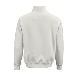 A white quarter-zip sweatshirt with long sleeves made from organic cotton and recycled materials. Features a branded logo.
