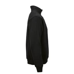 A black 1/4 zip sweatshirt made from organic cotton, rCotton, and rPET. Features a logo. Side view.