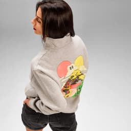 A grey 1/4 zip sweatshirt featuring a colourful graphic on the back. It has a relaxed fit and a high collar.