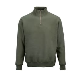 A green 1/4 zip sweatshirt made from organic cotton, rCotton, and rPET. Features a logo on the chest.