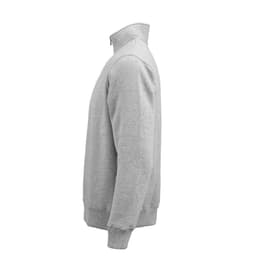A grey 1/4 zipper sweatshirt made from organic cotton, rCotton, and rPET, featuring a logo.