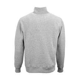 A grey 1/4 zip sweatshirt made from organic cotton, rCotton, and rPET. Features a plain back and has a logo.
