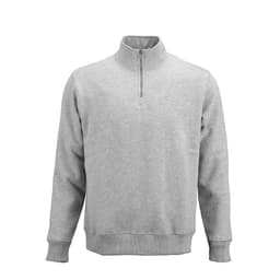 A grey 1/4 zip sweatshirt made of organic cotton, rCotton, and rPET. It features a logo on the chest.