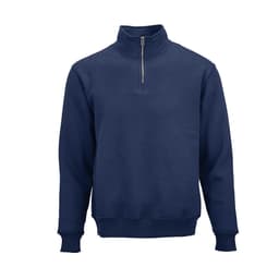 A navy blue 1/4 zip sweatshirt made from organic cotton, rCotton, and rPET, featuring a small logo on the front.