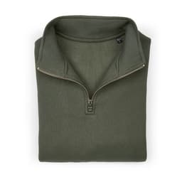 A folded olive green Malibu 1/4 zipper sweatshirt made from organic cotton, rCotton, and rPET, featuring a small logo.