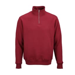 A maroon 1/4 zip sweatshirt made from organic cotton and recycled materials, featuring a stand collar and a logo.