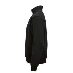 A black 1/4 zip sweatshirt made from organic cotton, rCotton, and rPET. It features a branded logo on the chest.