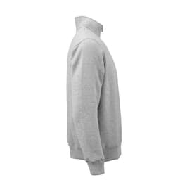 A light grey 1/4 zipper sweatshirt made of organic cotton, rCotton, and rPET. Features a logo on the chest.
