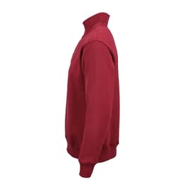 A side view of a maroon 1/4 zip sweatshirt made from organic cotton and rPET, featuring a logo.