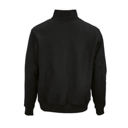 A black 1/4 zip sweatshirt made from organic cotton, rCotton, and rPET. Features a branding logo.
