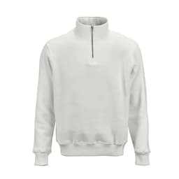 A white 1/4 zip sweatshirt made from organic cotton, rCotton, and rPET, featuring a logo.